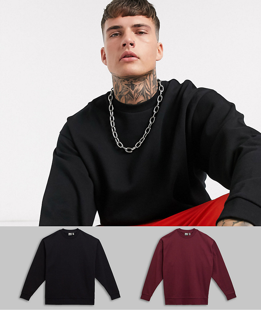 ASOS DESIGN - Set van 2 oversized sweatshirts in zwart/bordeauxrood-Multi