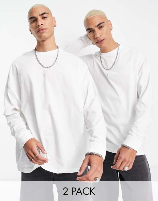 ASOS DESIGN - Set van 2 oversized T-shirt met lange mouwen in wit