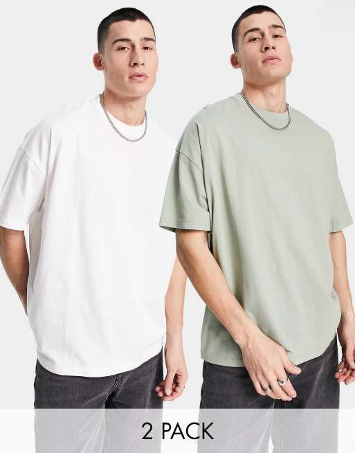 ASOS DESIGN - Set van 2 oversized t-shirts met ronde hals in wit en saliegroen