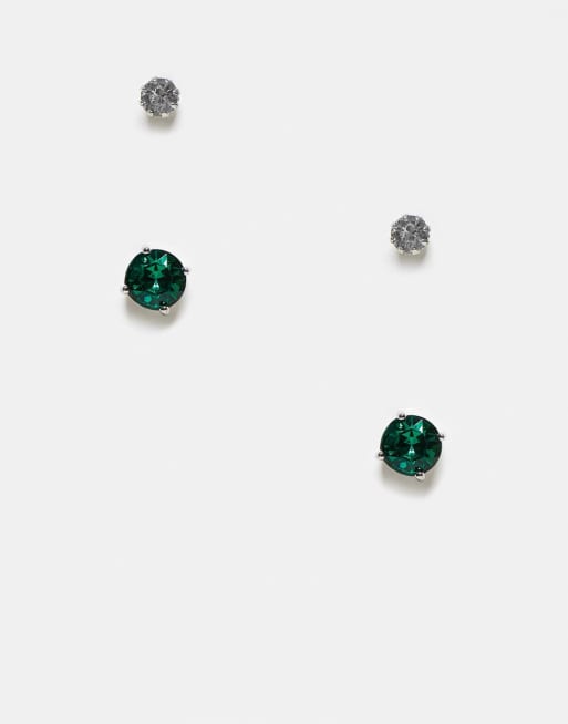 ASOS DESIGN - Set van 2 paar oorknopjes met kristalletje in doorzichtig en groen