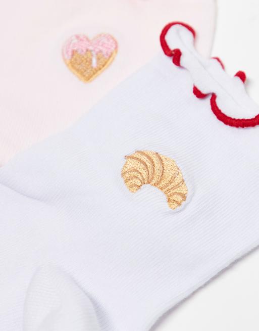 ASOS DESIGN - Set van 2 paar sokken met ontbijtmotief en ruches aan de rand, 2 van 3