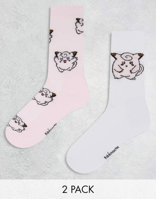 ASOS DESIGN - Set van 2 paar sokken met Pokémon Jigglypuff-prints in wit en roze