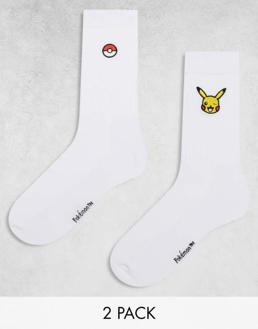 ASOS DESIGN - Set van 2 paar sokken met Pokémon-print in wit