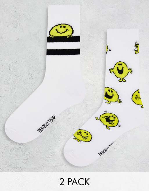 ASOS DESIGN - Set van 2 paar sportsokken met Mr Men en Mr Happy in wit