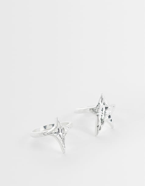 ASOS DESIGN - Set van 2 ringen met abstracte gesmolten ster in gedragen zilver - view 1