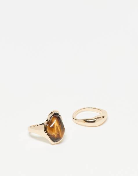 ASOS DESIGN - Set van 2 ringen met echte halfedelstenen tijgeroogsteen in goudkleur - view 1