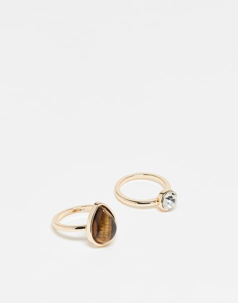 ASOS DESIGN - Set van 2 ringen met echte tijgeroog-steen in goudkleur - view 1