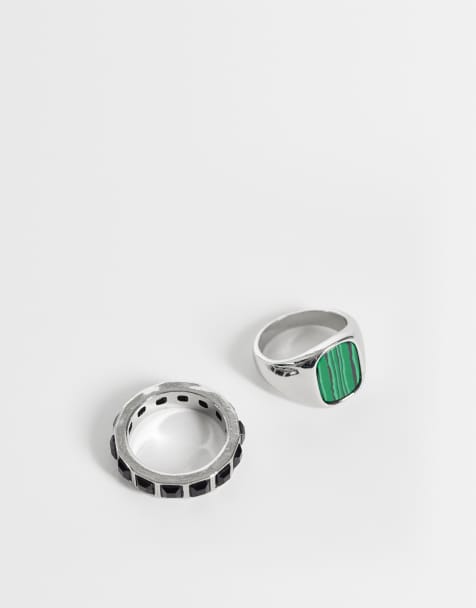 ASOS DESIGN - Set van 2 ringen met vierkante stenen en signetring in zilver - view 1