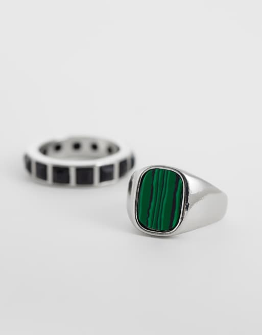 ASOS DESIGN - Set van 2 ringen met vierkante stenen en signetring in zilver, 2 van 3