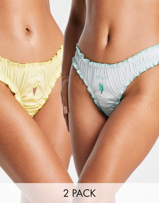ASOS DESIGN - Set van 2 satijnen string met ruches en geborduurde ijsjes in mintgroen en citroengeel
