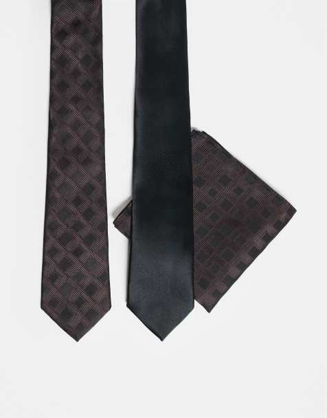 ASOS DESIGN - Set van 2 set, met stropdas en pochet met geometrische print in zwart en bruin - view 1