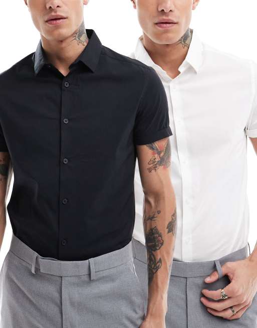 ASOS DESIGN - Set van 2 skinny-fit overhemden in wit en zwart 