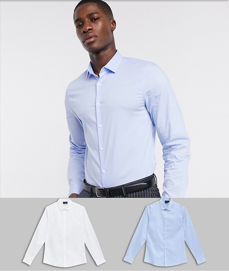 ASOS DESIGN - Set van 2 slim-fit overhemden in wit en blauw, voordeel-Multi