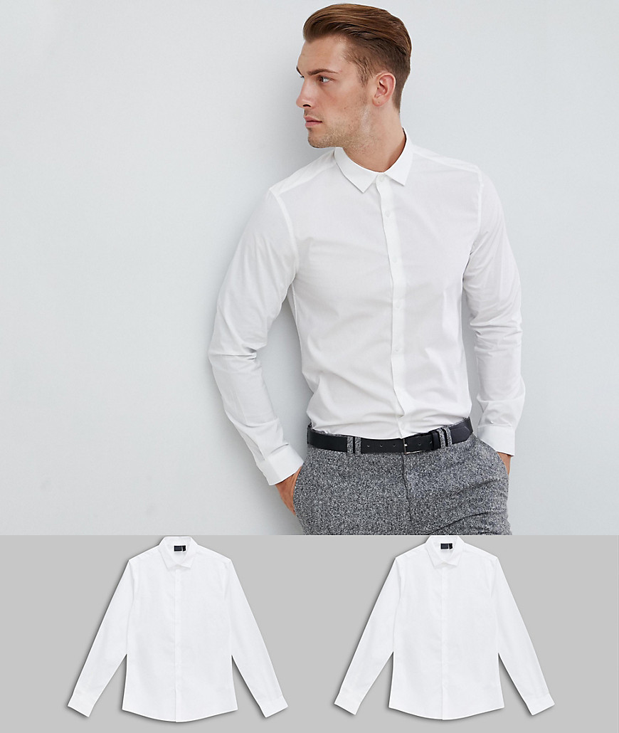 ASOS DESIGN - Set van 2 slim-fit overhemden in wit, voordeel-Multi