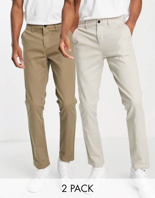ASOS DESIGN - Set van 2 smalle chino's in bruin en grijs VOORDEEL