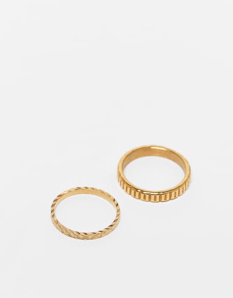 ASOS DESIGN - Set van 2 smalle gegraveerde zegelringen van waterbestendig roestvrij staal in goud - view 1