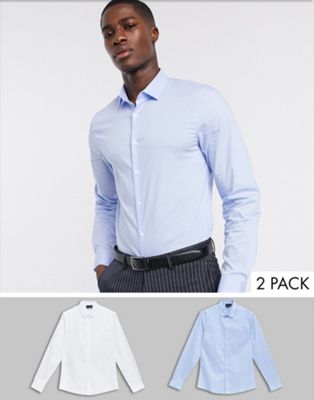 ASOS DESIGN - Set van 2 smalle overhemden in wit en blauw bespaar-Multi