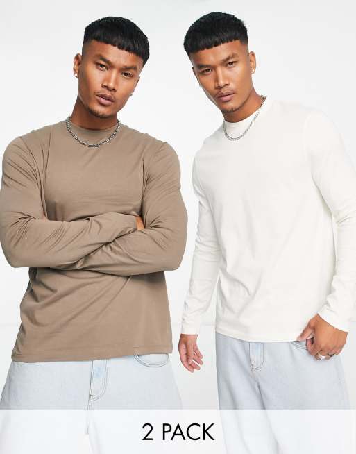 ASOS DESIGN - Set van 2 T-shirts met lange mouwen en ronde hals in beige en ecru