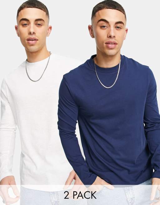 ASOS DESIGN - Set van 2 T-shirts met lange mouwen en ronde hals in wit en donkerblauw