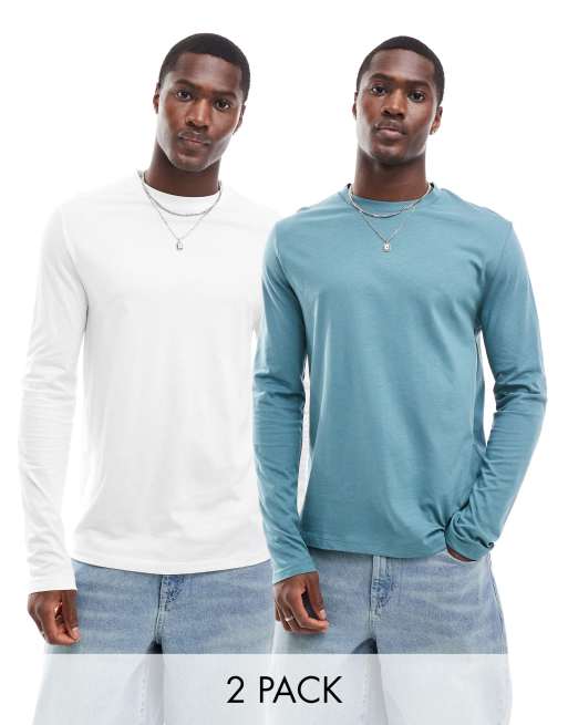 ASOS DESIGN - Set van 2 T-shirts met lange mouwen en ronde hals in wit en groen