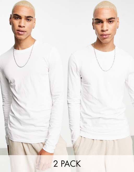 ASOS DESIGN - Set van 2 t-shirts met lange mouwen, ronde hals en muscle fit in wit