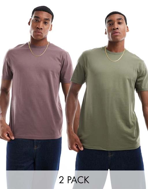 ASOS DESIGN - Set van 2 T-shirts met ronde hals in kaki en bruin