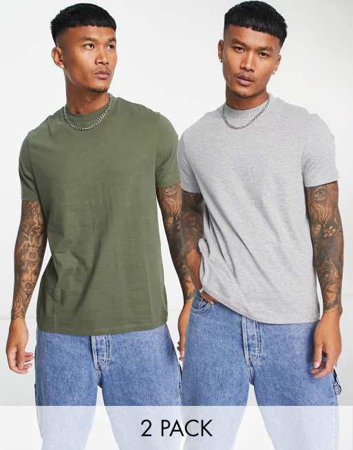 ASOS DESIGN - Set van 2 t-shirts met ronde hals in kaki en grijs