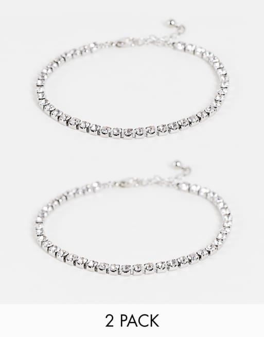 ASOS DESIGN - Set van 2 tennisarmbandjes met siersteentjes in zilverkleur