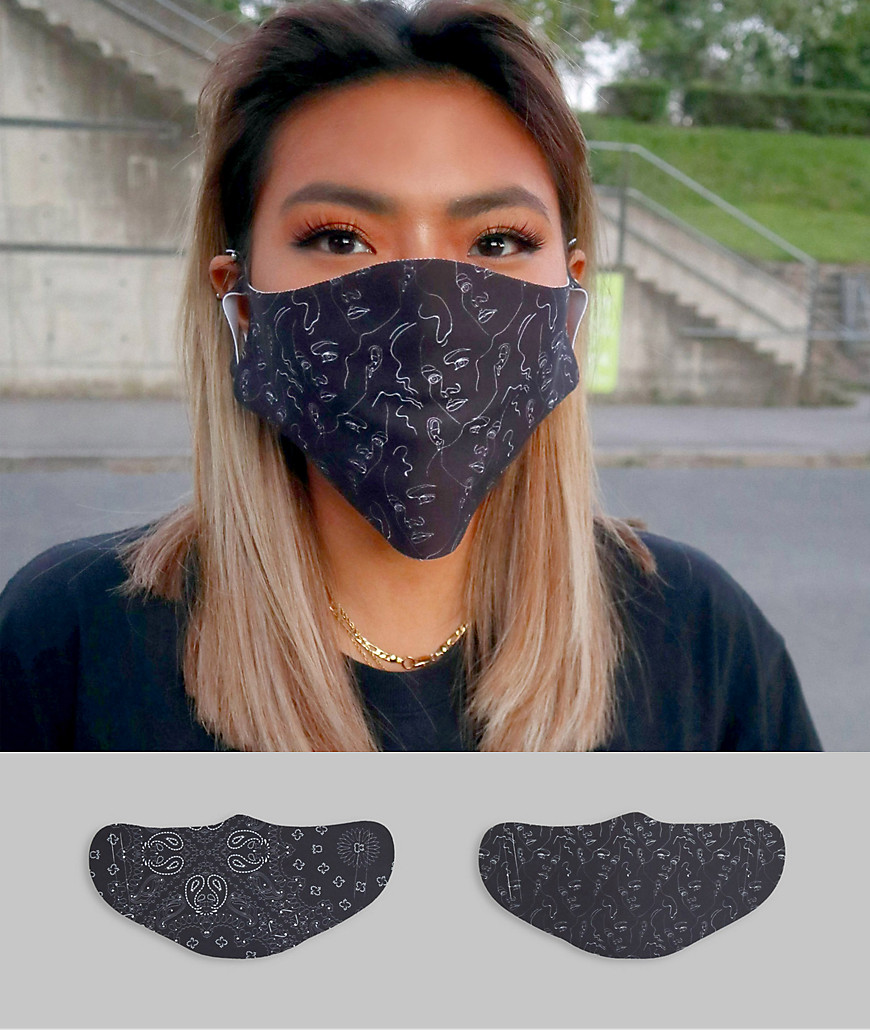 ASOS DESIGN - Set van 2 uniseks mondkapjes met bandana- en lijnenprint-Multi