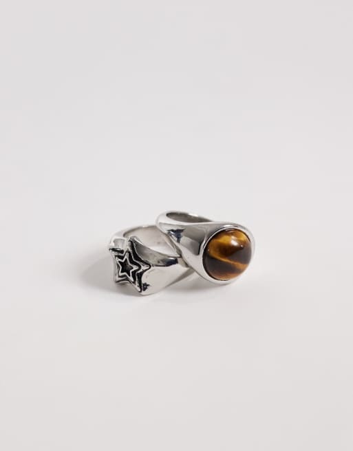 ASOS DESIGN - Set van 2 zegelringen met tijgeroog en ster in zilver, 2 van 3