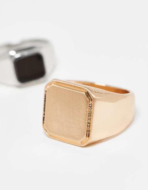ASOS DESIGN - Set van 2 zegelringen met zwarte steen in zilver- en goudkleur, 2 van 3