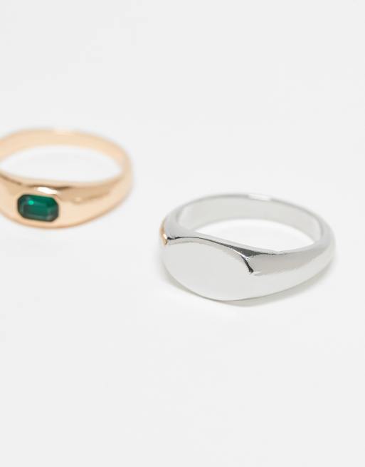 ASOS DESIGN - Set van 2 zegelringen van gemengde metalen met imitatie-smaragdsteentje in multi, 3 van 3