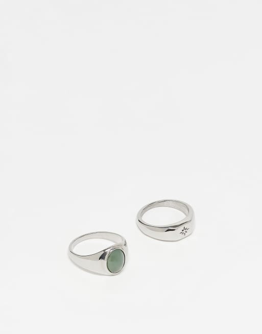 ASOS DESIGN - Set van 2 zegelringen van waterbestendig roestvrij staal met imitatie-jade steentje in zilverkleur