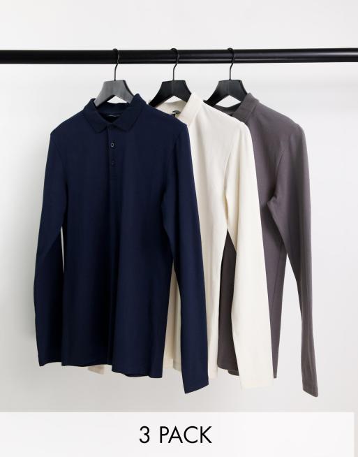 ASOS DESIGN - Set van 3 aansluitende polo's met lange mouwen in marineblauw, crème en grijs
