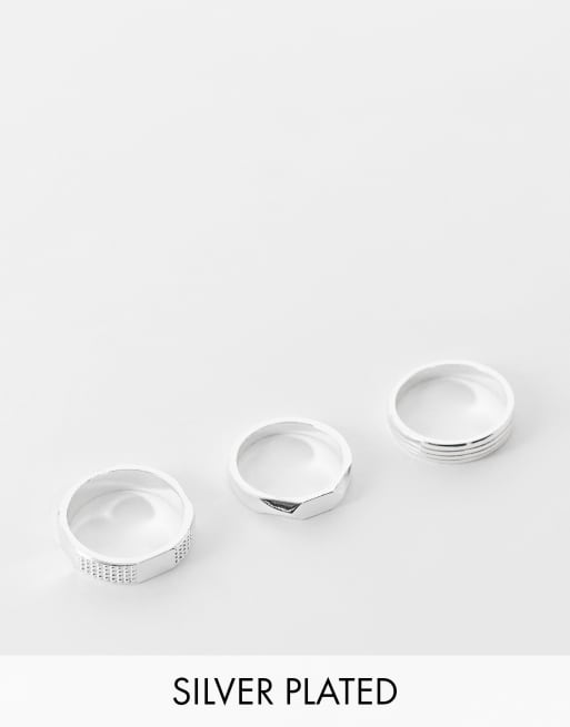 ASOS DESIGN - Set van 3 bandringen met reliëf in echt zilveren beplating