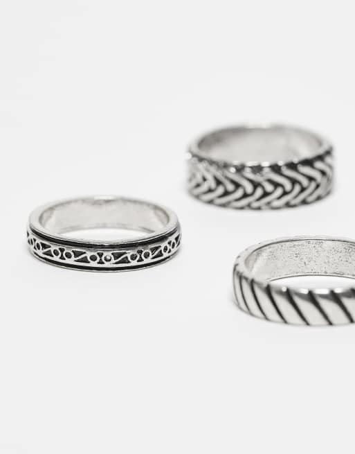 ASOS DESIGN - Set van 3 bandringen met reliëf in gepolijst zilver  , 2 van 3