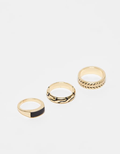 ASOS DESIGN - Set van 3 bandringen met touwdetail en zwarte steen in goudkleur