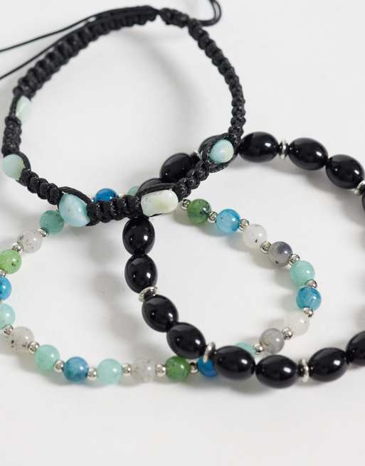 ASOS DESIGN set van 3 blauwe kralen- en halfedelsteenarmbanden met amazonsteen in zwart, 2 van 3