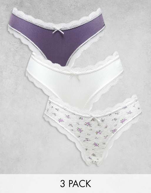 ASOS DESIGN Set van 3 Braziliaanse slips met kanten rand in wit mauve en met fijne print ASOS