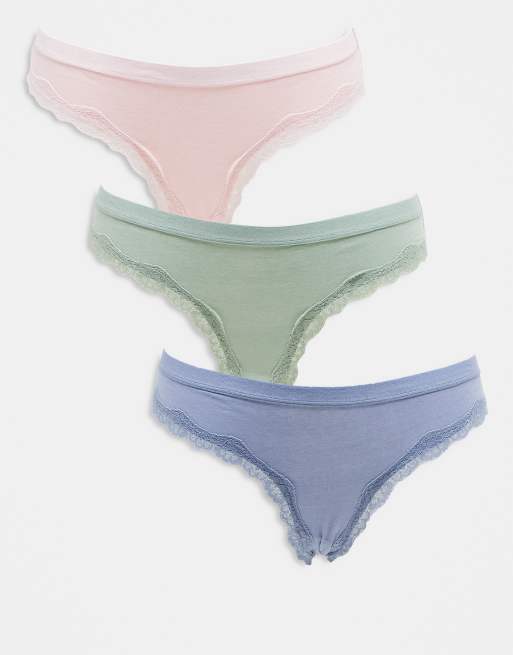 ASOS DESIGN - Set van 3 Braziliaanse slips van katoen en kant met tailleband in saliegroen, babyroze en blauw