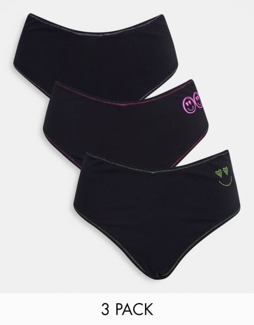ASOS DESIGN - Set van 3 Braziliaanse slips van katoen met hoge taille en smiley-prints in zwart