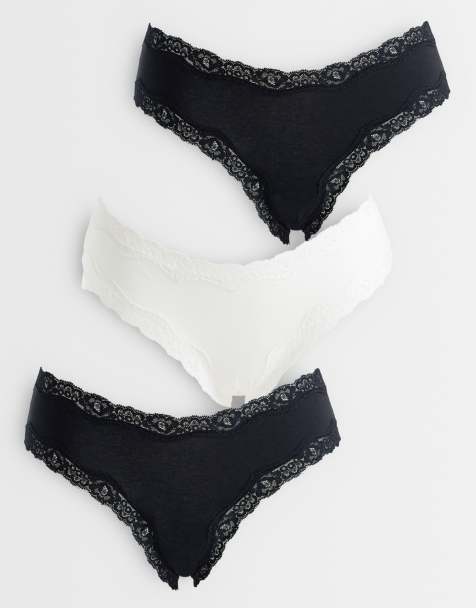 ASOS DESIGN set van 3 Brazilian slips met kanten tailleband in zwart en wit - view 1