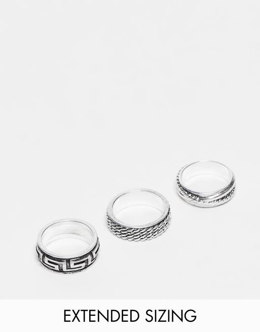 ASOS DESIGN - Set van 3 brede ringen met gegraveerde Griekse golven en touwtextuur in gepolijste zilverkleur