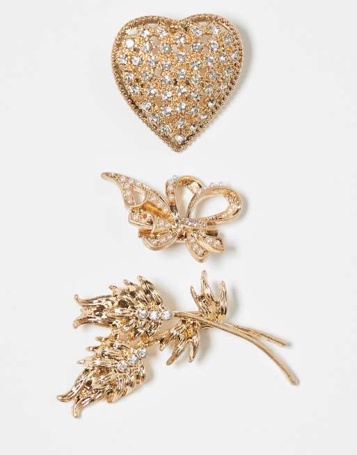 ASOS DESIGN - Set van 3 broches in vintage stijlen in goudkleur