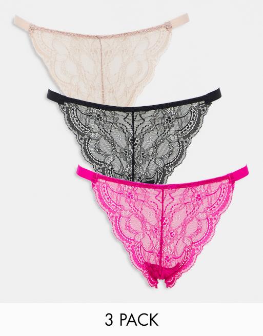 ASOS DESIGN - Set van 3 elastische Brazilian tanga's van kant in taupe, zwart en cerise
