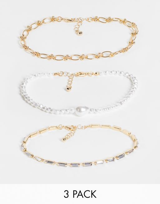 ASOS DESIGN - Set van 3 enkelbandjes met parels en langwerpige kristallen in goudkleur