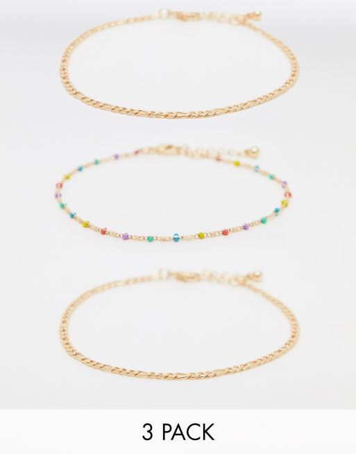 ASOS DESIGN - Set van 3 enkelbandjes met verschillende schakels en details van pastelkleurig emaille in goudkleur