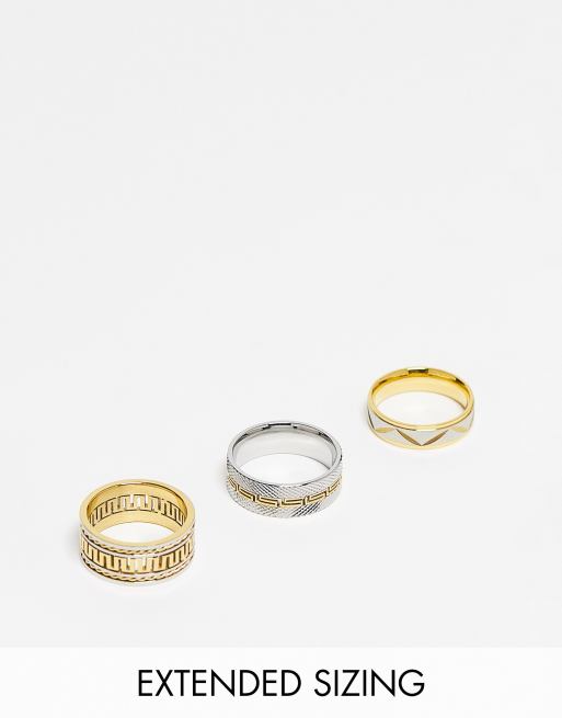 ASOS DESIGN - Set van 3 gegraveerde brede ringen van waterbestendig roestvrij staal in goud- en zilverkleur