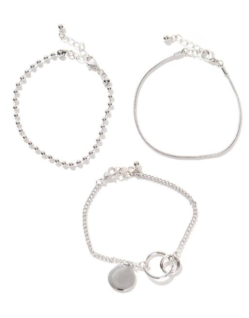 ASOS DESIGN - Set van 3 gemengde schakelarmbanden met dubbele cirkel en hangertje in zilver  , 2 van 3