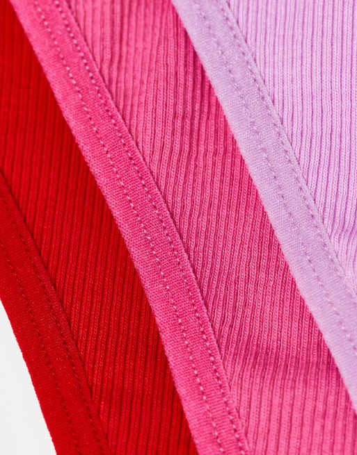 ASOS DESIGN - Set van 3 geribbelde katoenen strings met T-vormige achterkant in roze tinten, 3 van 4